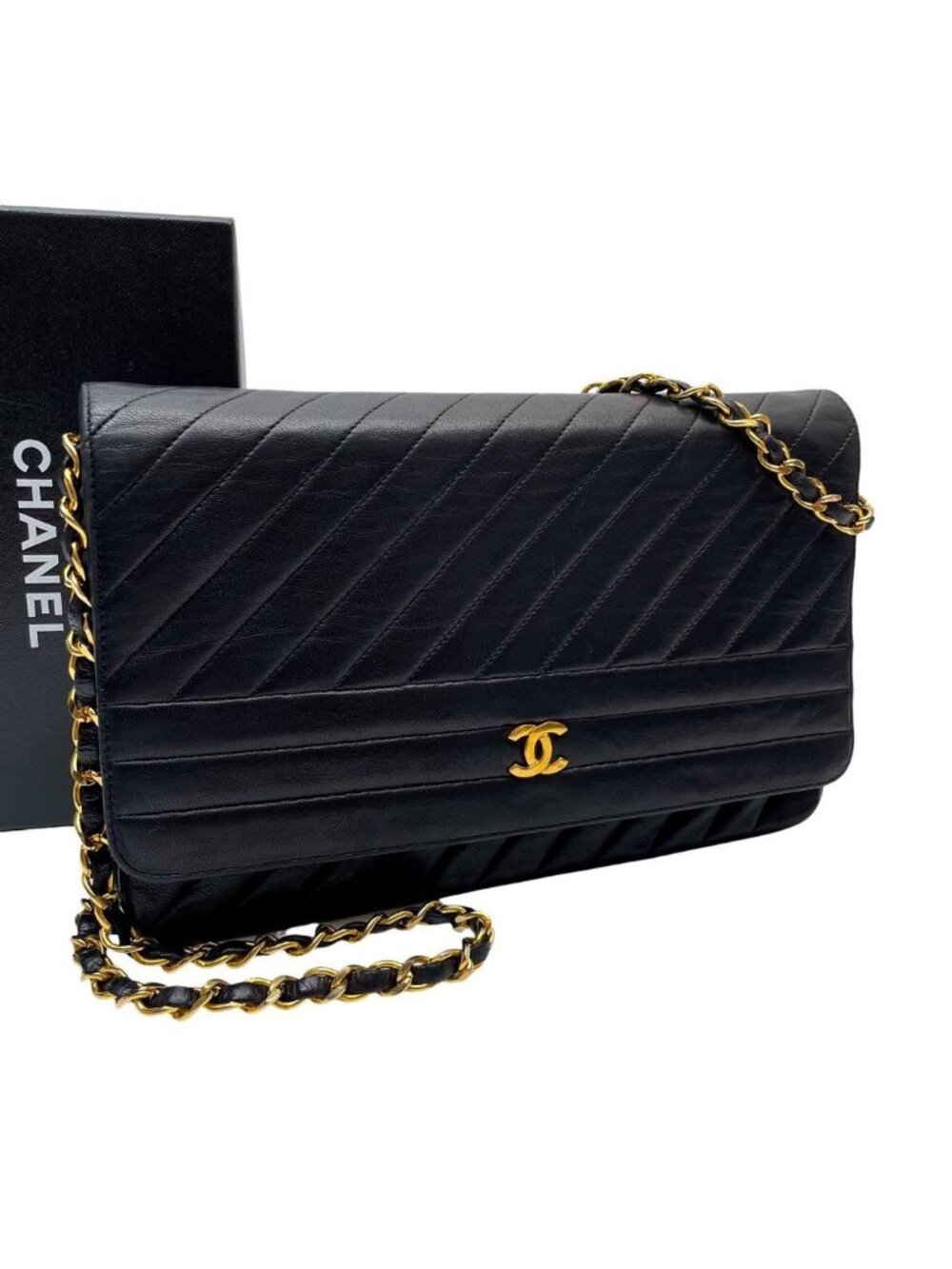 Chanel Lambskin Diagonal Stitch Chain Shoulder Bag CC Logo